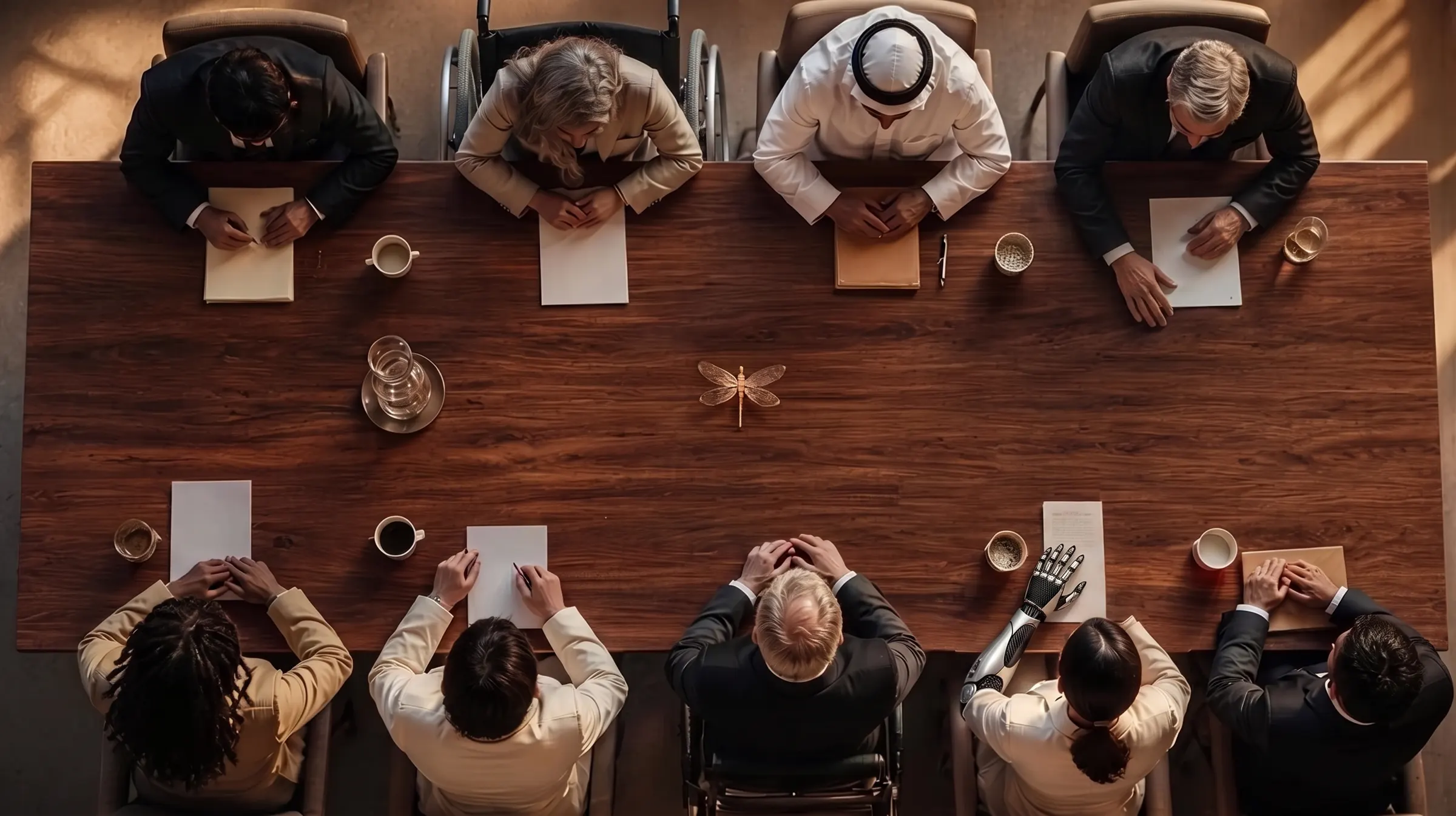 A long board table seen from directly above, with papers, notebooks and coffee set out. Nine directors sit around it, among them a wheelchair user and a director whose prosthetic arm rests on the papers. A gold dragonfly rests at the centre