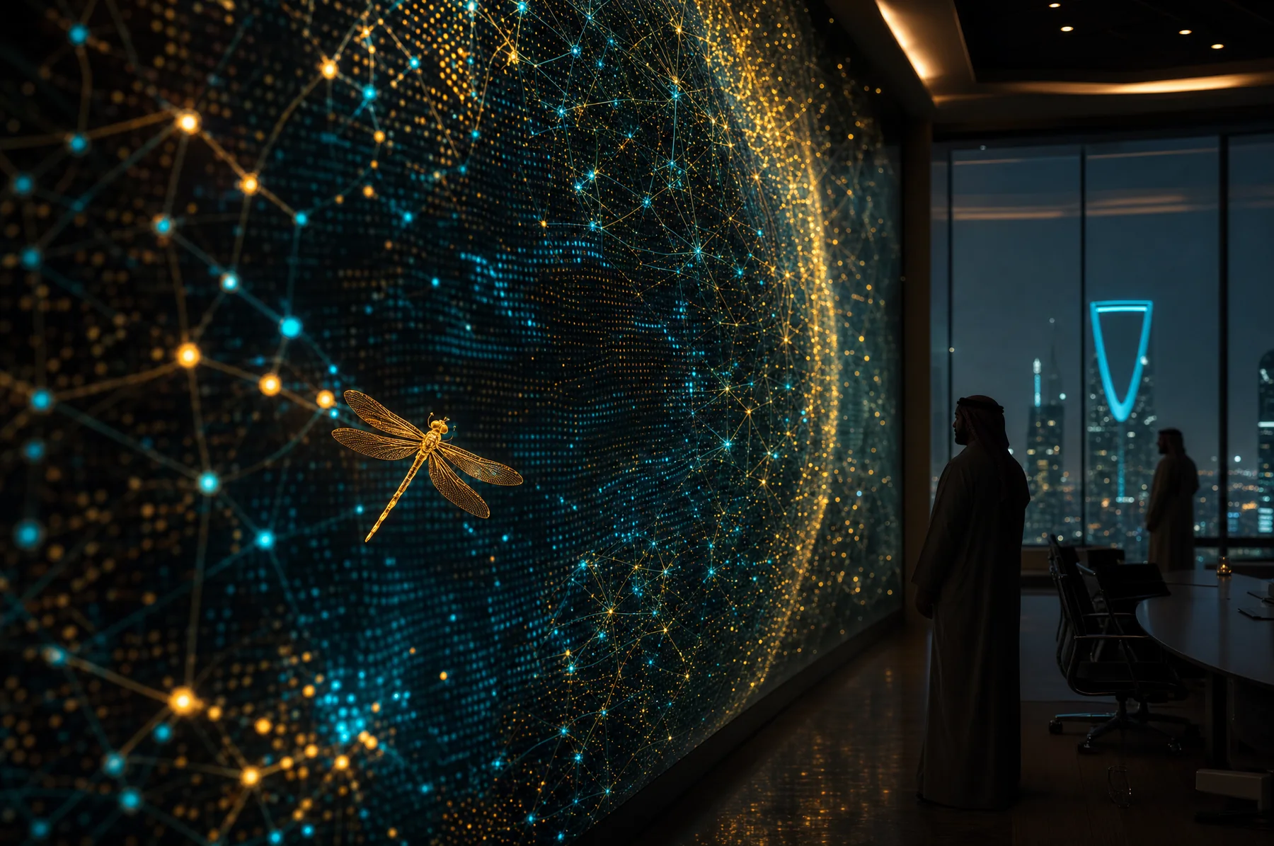 A glowing AI data and neural-network wall filling a dark boardroom, two directors small and peripheral at its edge, the Riyadh skyline faint beyond the glass