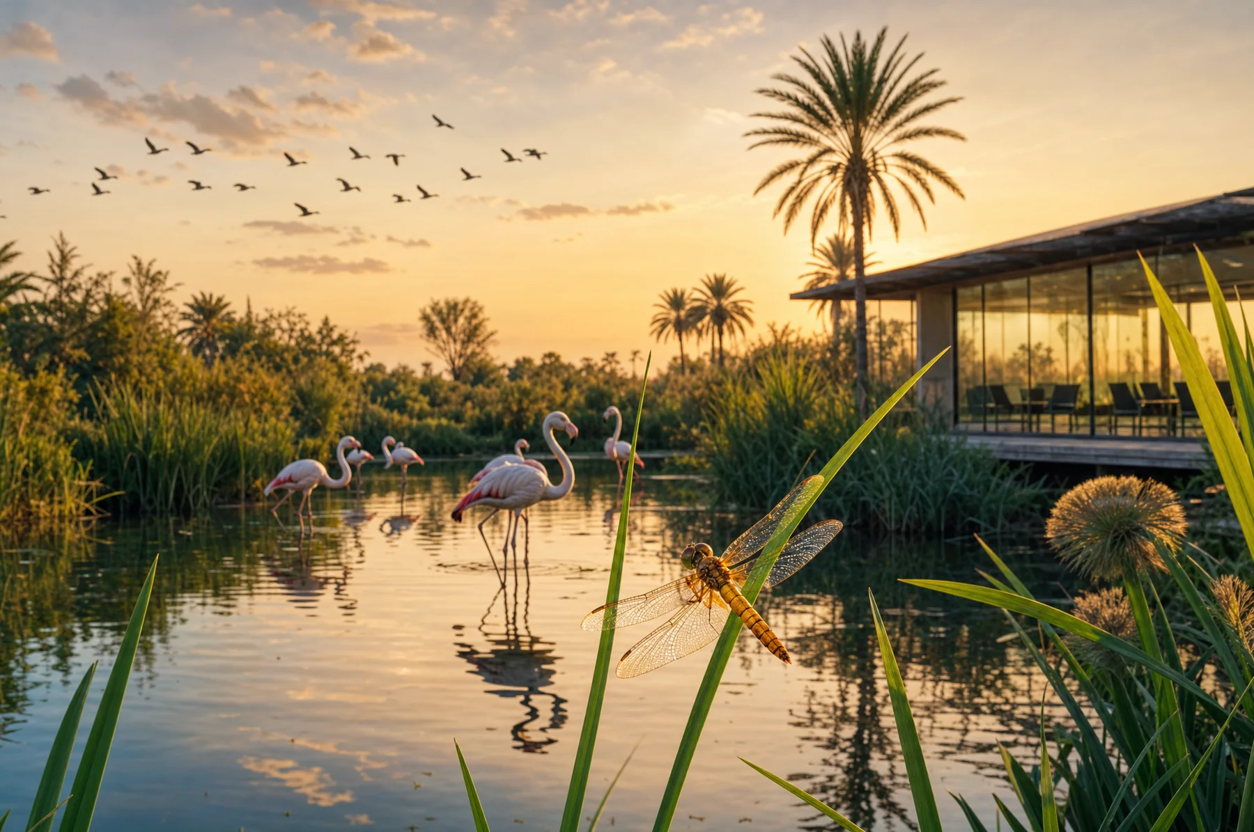 A Nile-delta wetland at golden hour with flamingos wading among reeds and palms, a modern glass pavilion boardroom set quietly to one side