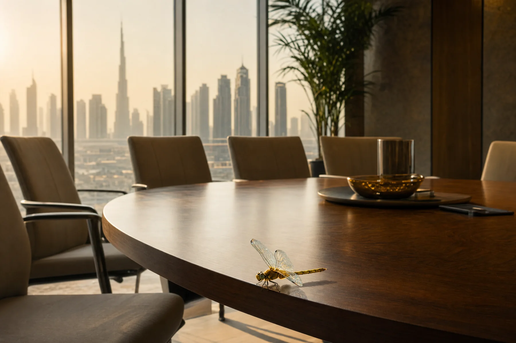 A calm modern Gulf boardroom at golden hour, the Dubai skyline soft beyond floor-to-ceiling glass, a marigold dragonfly resting on the walnut table