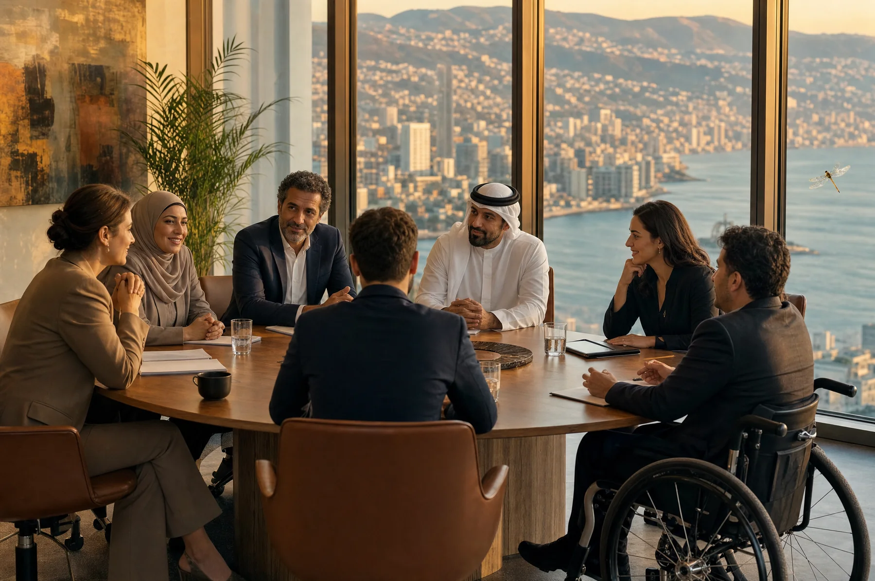 Board members in session around a round table, a woman in a hijab, a Gulf man in a white thobe, a next-generation leader and a wheelchair user among them, with the Beirut coast and mountains beyond the glass