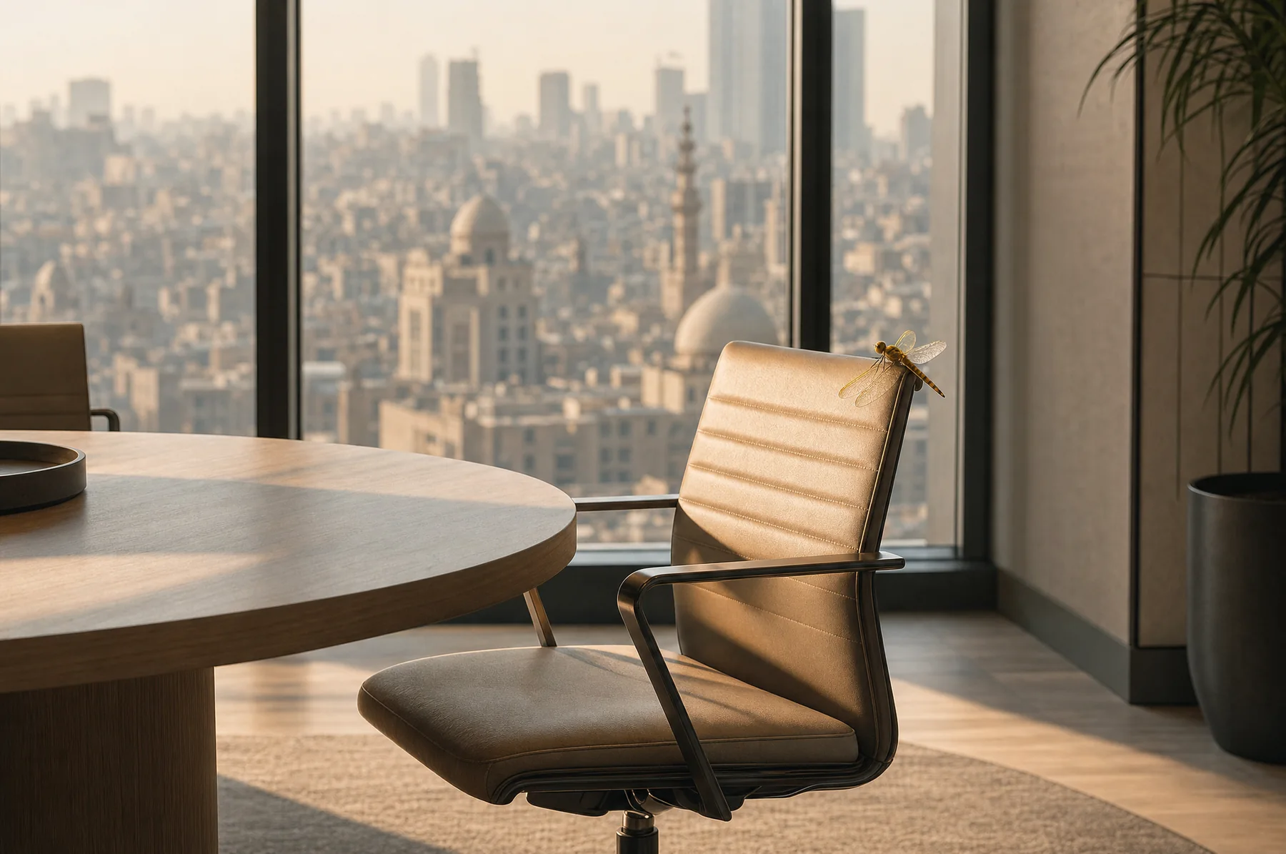 An inviting empty boardroom chair beside floor-to-ceiling glass overlooking a modern Cairo cityscape, a marigold dragonfly resting on the chair back