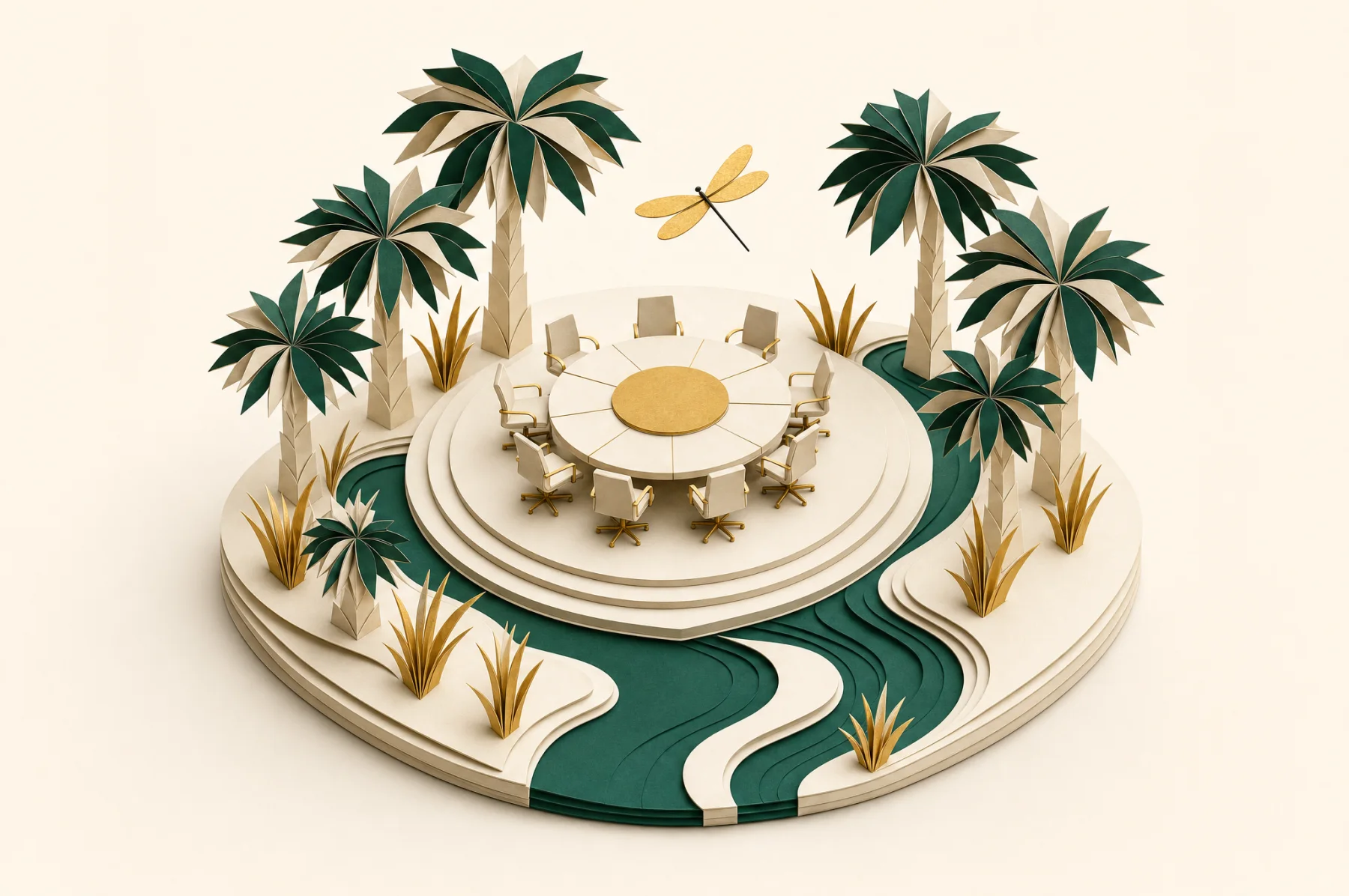 A papercraft board table in a desert oasis: palms and a green river circle the boardroom, a gold dragonfly overhead