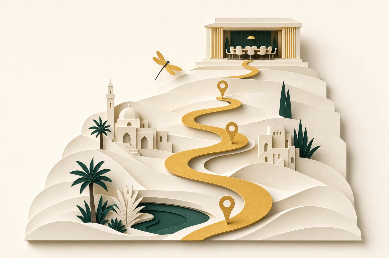 A cut-paper Middle Eastern landscape with a winding gold pathway rising past waypoint markers to a boardroom pavilion on a hill, the dragonfly following the path
