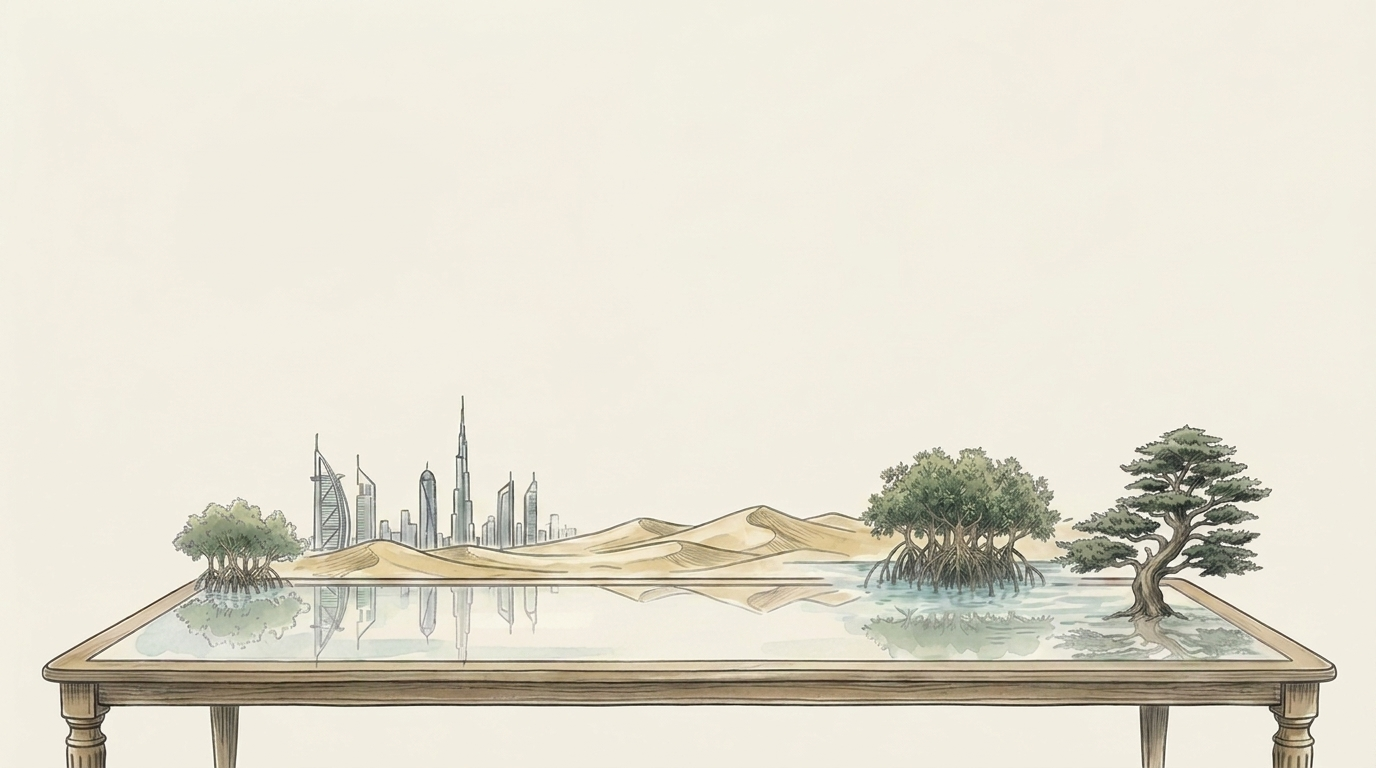 A boardroom table whose glass surface holds a living Middle East landscape: Gulf skyline, dunes, mangroves and a cedar