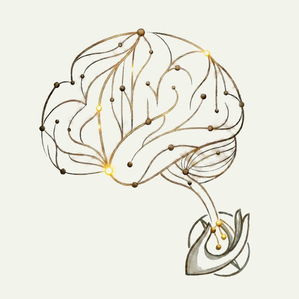 A brain of glowing gold neural pathways held under a steady cupped human hand