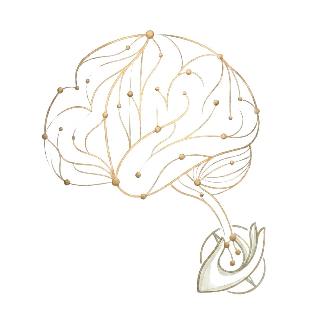 A brain of glowing gold neural pathways held under a steady cupped human hand