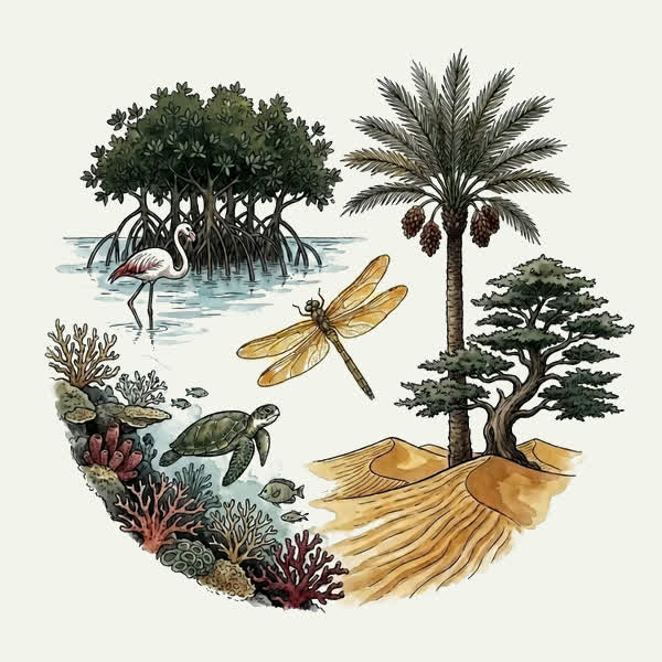 MENA ecosystems: Arabian Gulf mangroves and a flamingo, a Red Sea reef, a date palm, a Levantine cedar and North African dunes