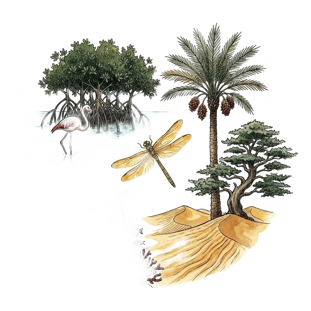 MENA ecosystems: Arabian Gulf mangroves and a flamingo, a Red Sea reef, a date palm, a Levantine cedar and North African dunes